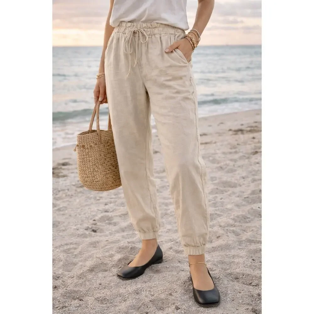 Anthropologie Social Standard Linen Blend Drawstring Pants EUC S Flax Color - Picture 1 of 9
